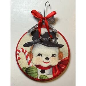 Snowman Christmas Ornament Retro Vintage Style Wood 4 in Bow Bells New